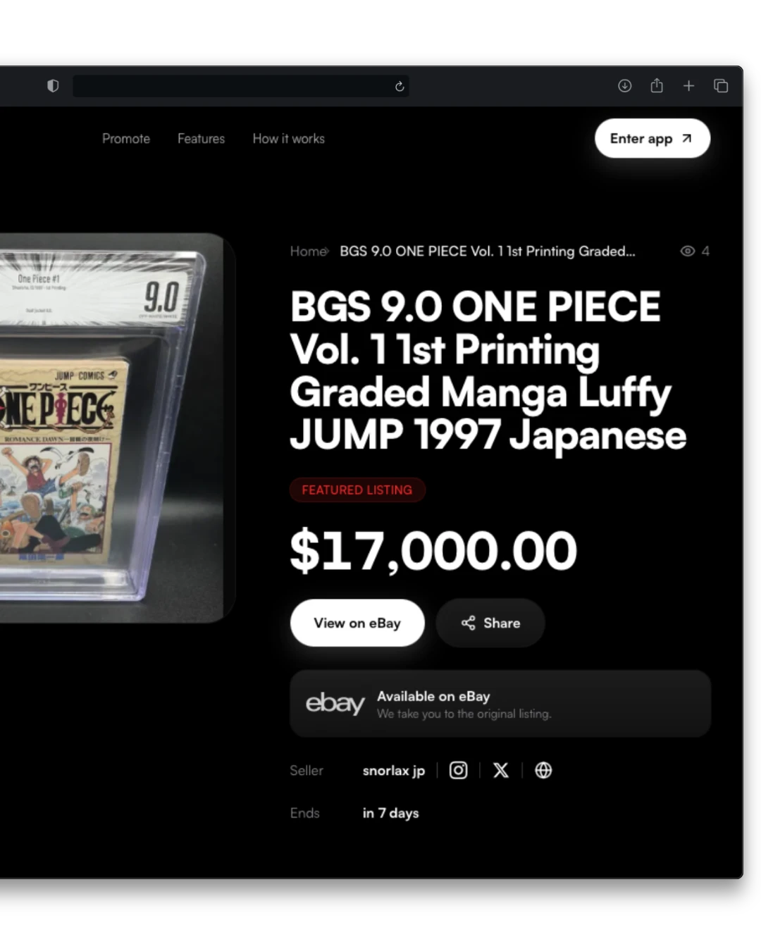 A dedicated listing page showing the item details and the seller's profile